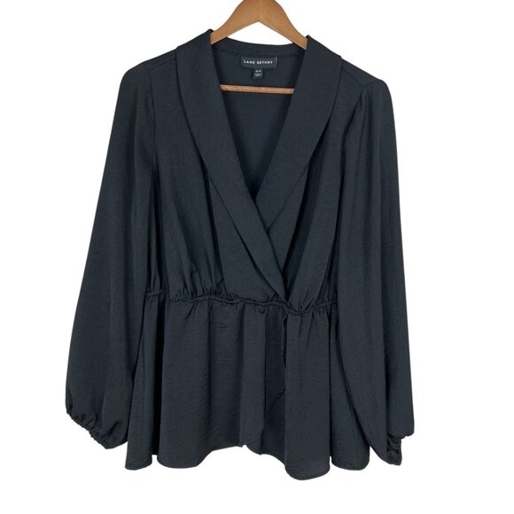𝅺Lane Bryant Blouse Womens 10/12 Black Long Sleeve Faux Wrap V-Neck‎ Top - Picture 1 of 12